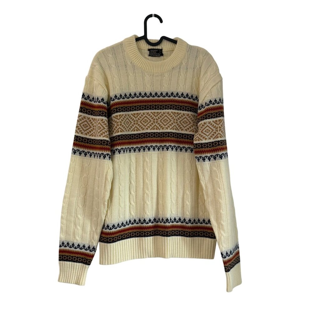 Vintage JCPenney Fair Isle Neutral Crewneck Cable Knit Jumper Sweater Mens Large
